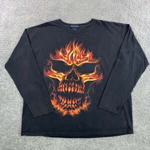 Y2K Mens XL Flaming Skull Graphic Long Sleeve T-Shirt Black Biker Edgy Hellfire